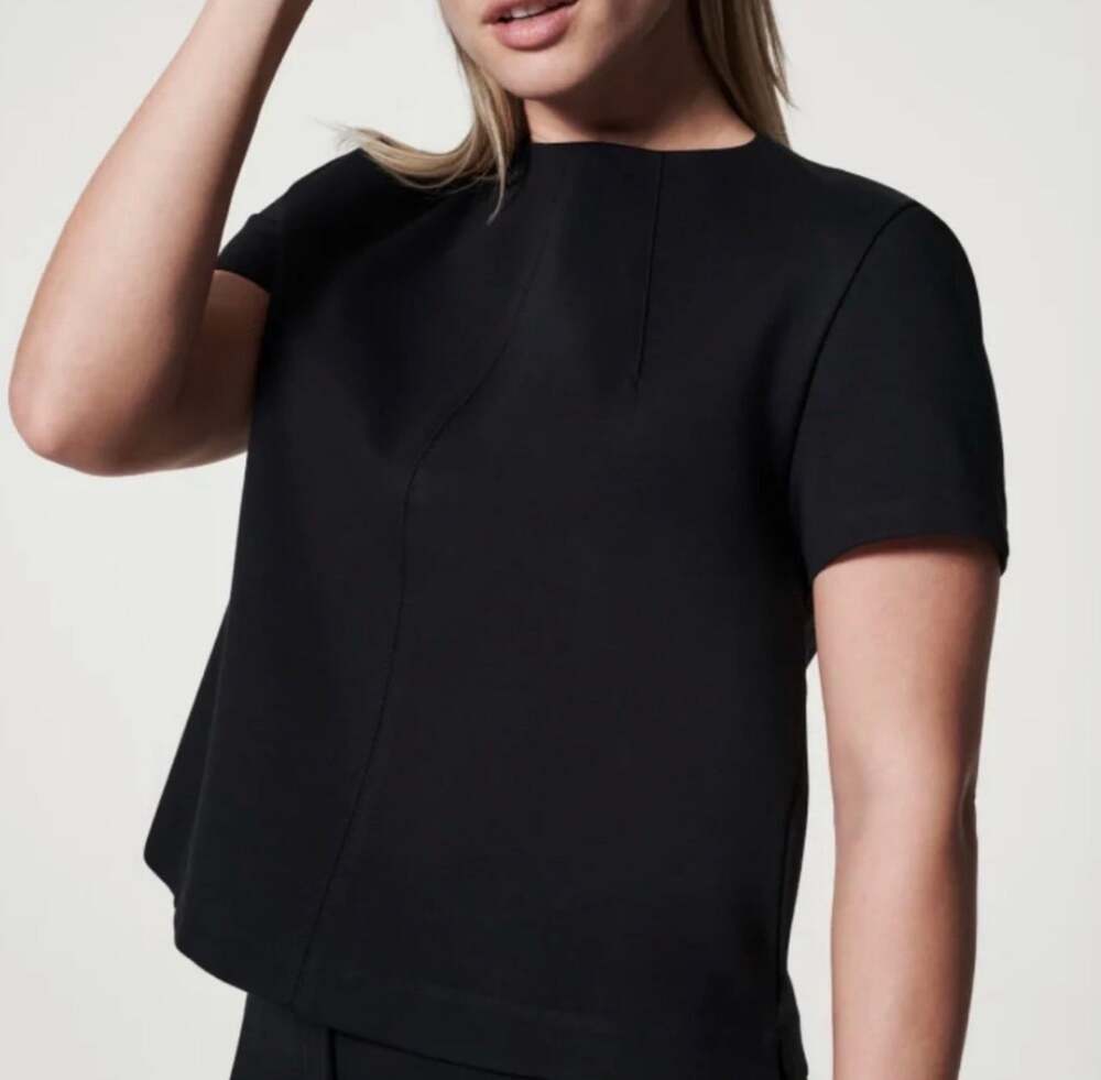 Spanx XL Black The Perfect Neck Funnel Top Ponte Knit Swing Top Dart Seams EUC